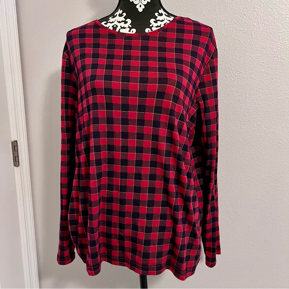 Croft & Barrow Women's Classic Long Sleeve Tee Top Red Black Buffalo Plaid XXL